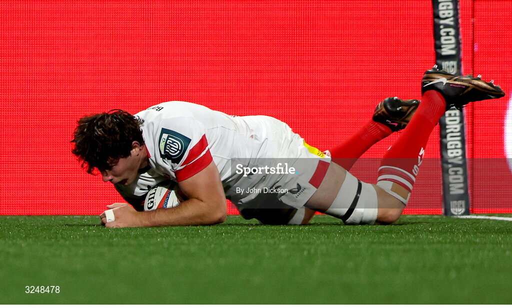 26 September 2025; David McCann of Ulster scores a try during the United Rugby Championship match between Ulster and Dragons at Affidea Stadium in Belfast. Photo by John Dickson/Sportsfile
