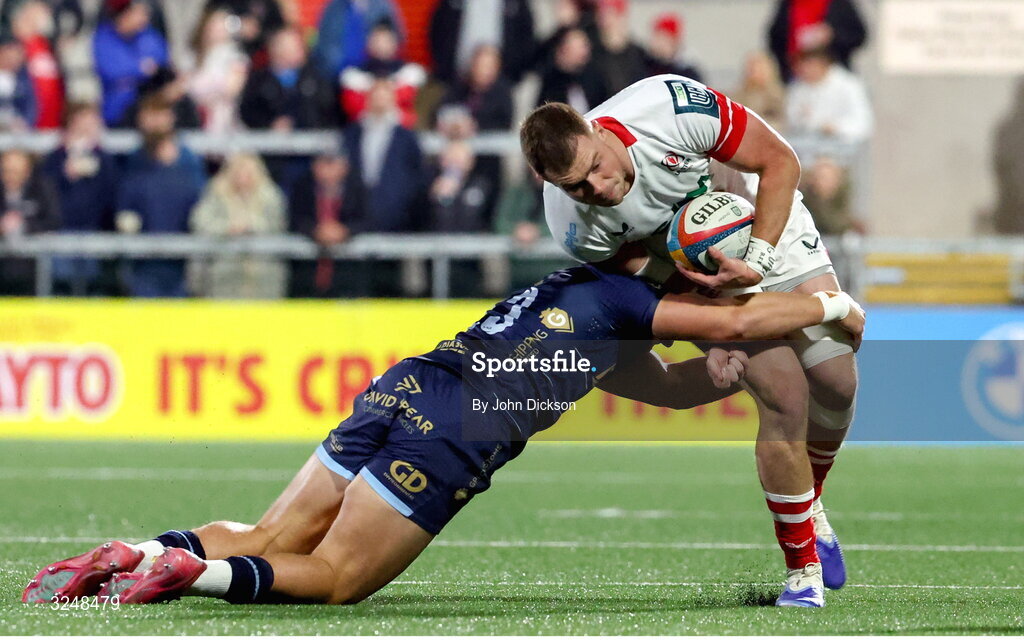 26 September 2025; Zac Ward of Ulster is tackled by Joe Westwood of Dragons during the United Rugby Championship match between Ulster and Dragons at Affidea Stadium in Belfast. Photo by John Dickson/Sportsfile