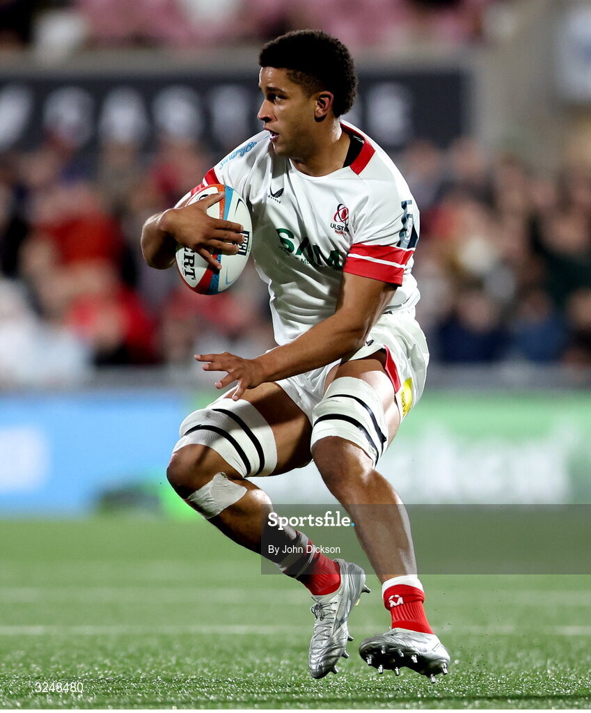 26 September 2025; Cormac Izuchukwu of Ulster during the United Rugby Championship match between Ulster and Dragons at Affidea Stadium in Belfast. Photo by John Dickson/Sportsfile
