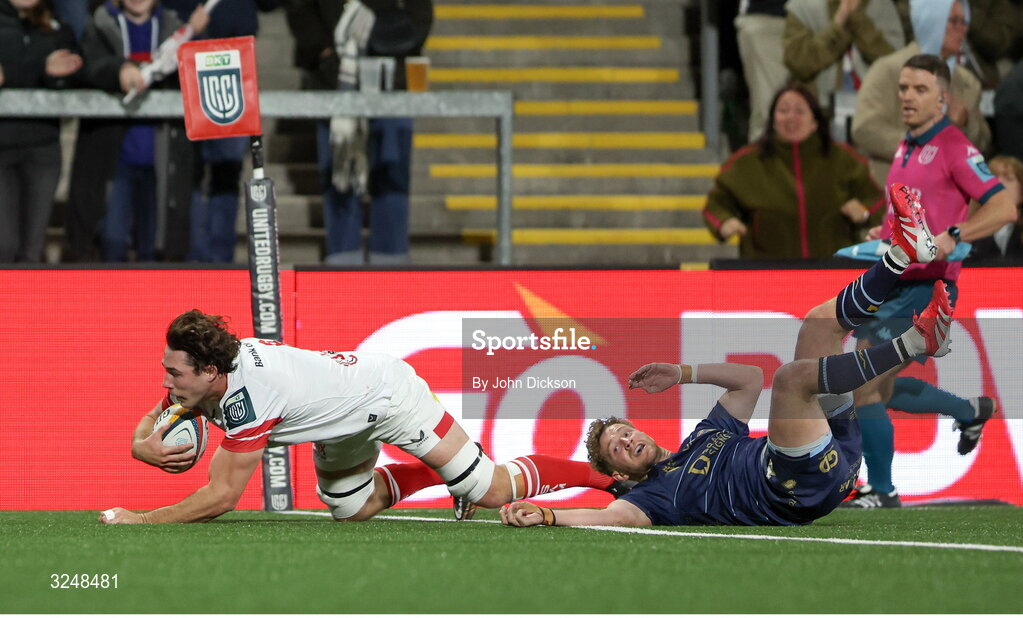 26 September 2025; David McCann of Ulster scores a try during the United Rugby Championship match between Ulster and Dragons at Affidea Stadium in Belfast. Photo by John Dickson/Sportsfile