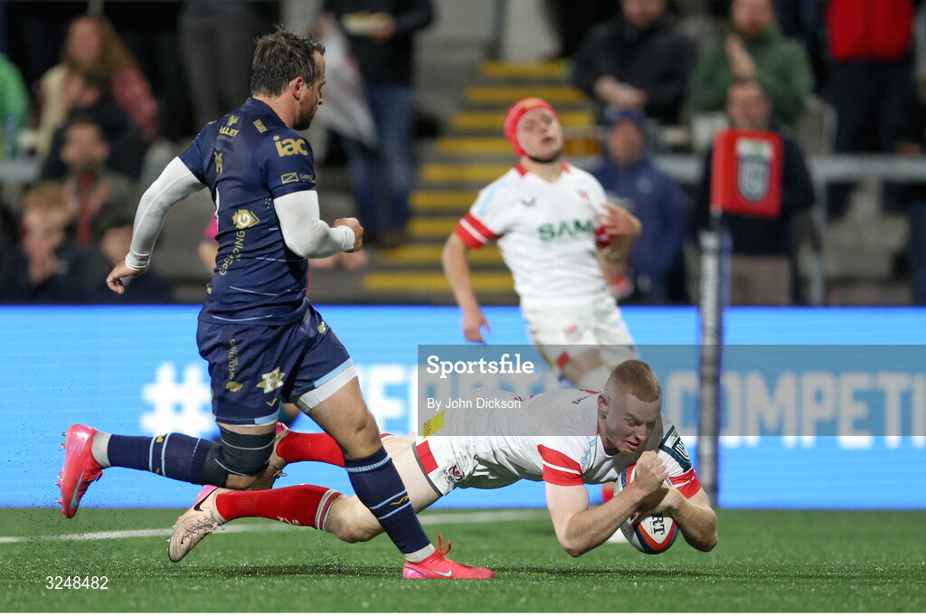 26 September 2025; Nathan Doak of Ulster scores a try during the United Rugby Championship match between Ulster and Dragons at Affidea Stadium in Belfast. Photo by John Dickson/Sportsfile