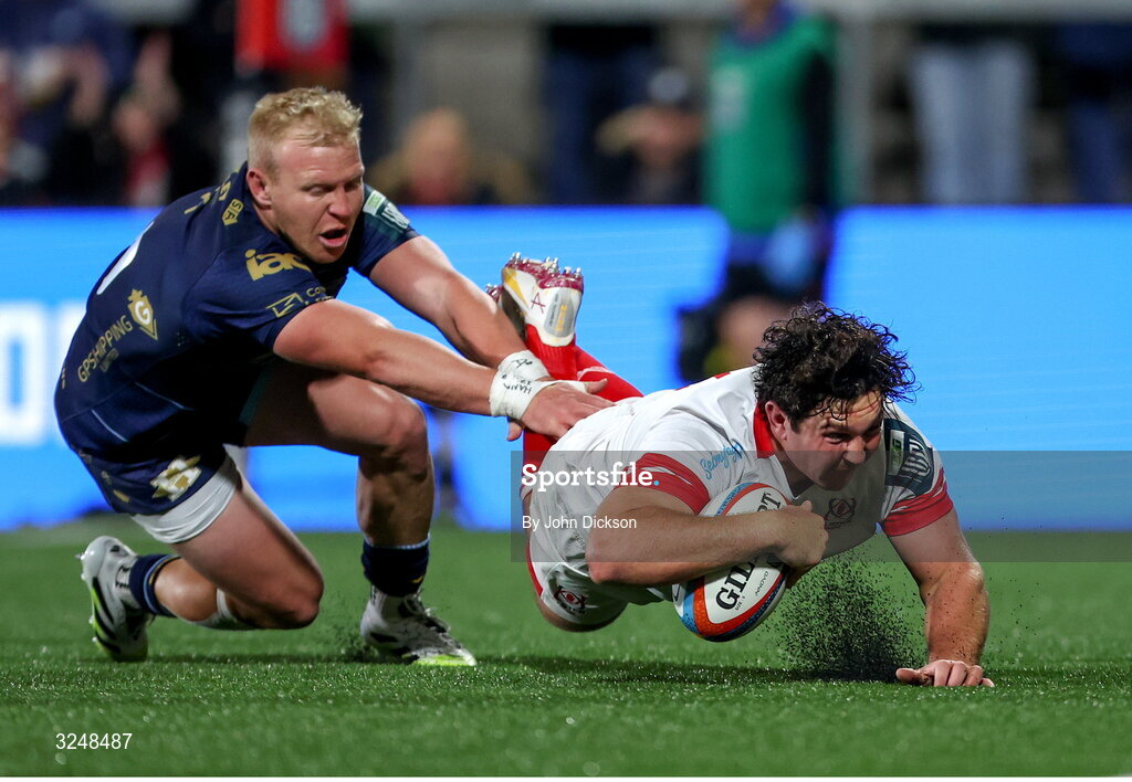 26 September 2025; Tom Stewart of Ulster scores a try during the United Rugby Championship match between Ulster and Dragons at Affidea Stadium in Belfast. Photo by John Dickson/Sportsfile