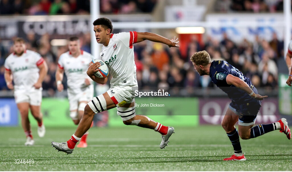 26 September 2025; Cormac Izuchukwu of Ulster during the United Rugby Championship match between Ulster and Dragons at Affidea Stadium in Belfast. Photo by John Dickson/Sportsfile