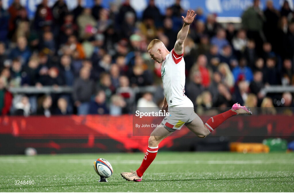 26 September 2025; Nathan Doak kicks a conversion during the United Rugby Championship match between Ulster and Dragons at Affidea Stadium in Belfast. Photo by John Dickson/Sportsfile