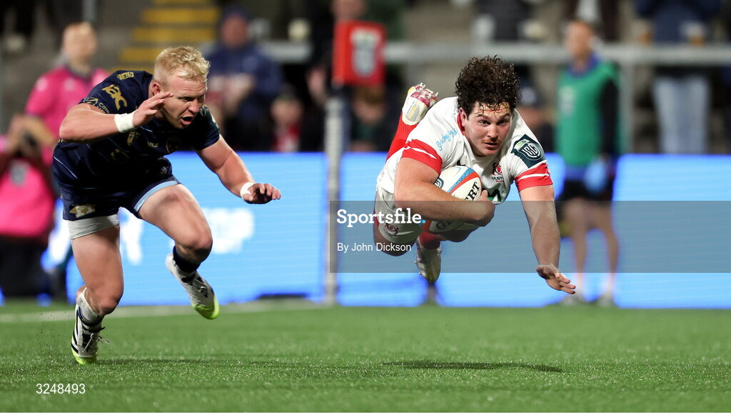26 September 2025; Tom Stewart of Ulster scores a try during the United Rugby Championship match between Ulster and Dragons at Affidea Stadium in Belfast. Photo by John Dickson/Sportsfile