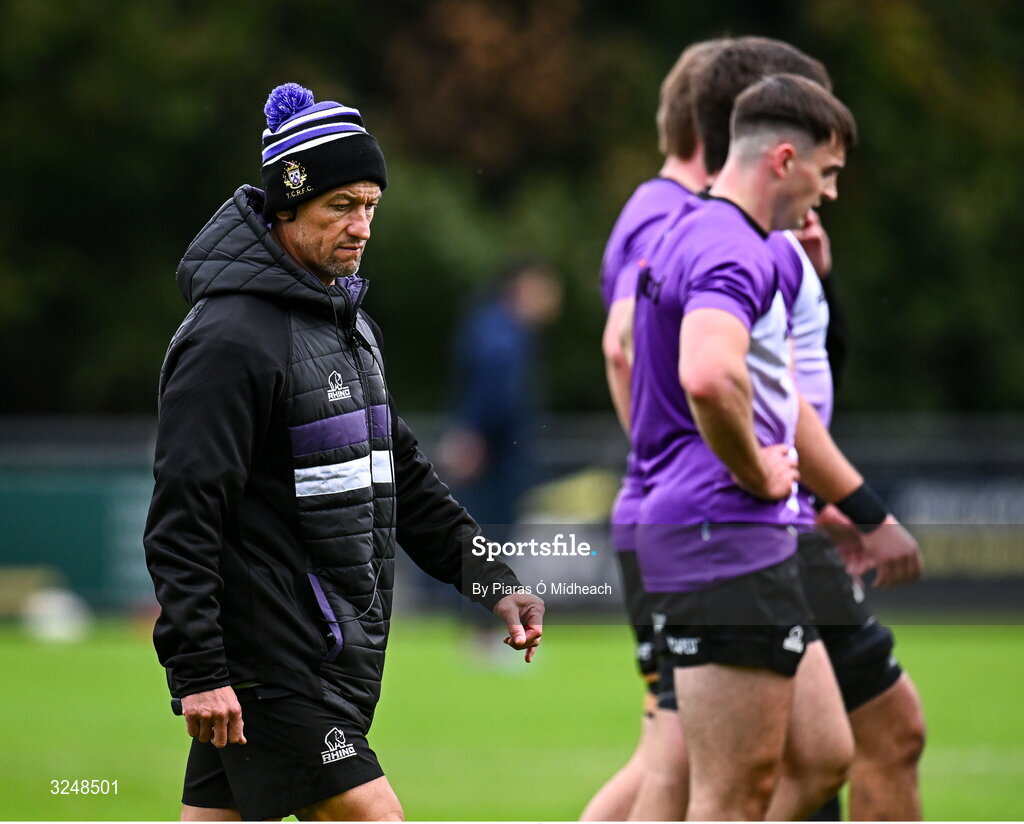 27 September 2025; Terenure College RFC head coach Carlos Spencer before the Energia All-Ireland League Division 1A match between UCD and Terenure College RFC at UCD Bowl in Dublin. Photo by Piaras Ó Mídheach/Sportsfile