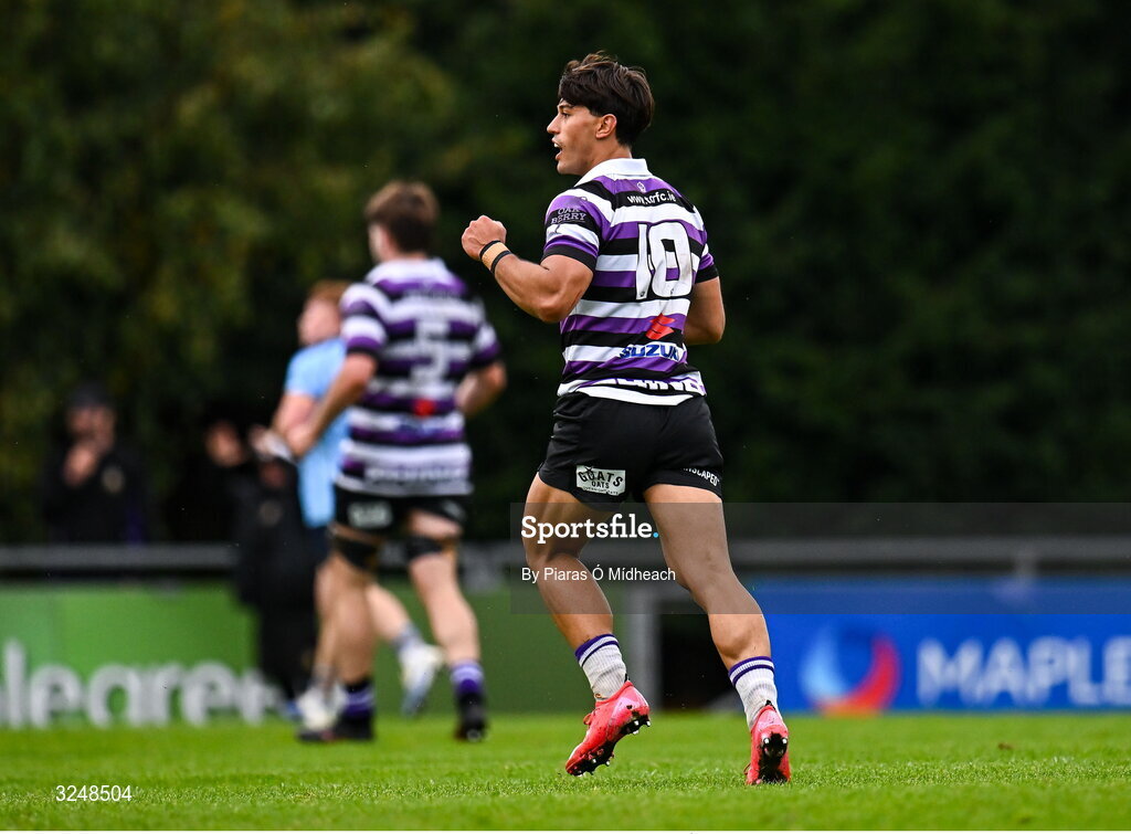 27 September 2025; Julian Leszczynski of Terenure College RFC celebrates during the Energia All-Ireland League Division 1A match between UCD and Terenure College RFC at UCD Bowl in Dublin. Photo by Piaras Ó Mídheach/Sportsfile