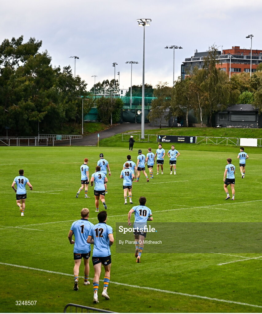 27 September 2025; UCD players make their way onto the pitch before the Energia All-Ireland League Division 1A match between UCD and Terenure College RFC at UCD Bowl in Dublin. Photo by Piaras Ó Mídheach/Sportsfile