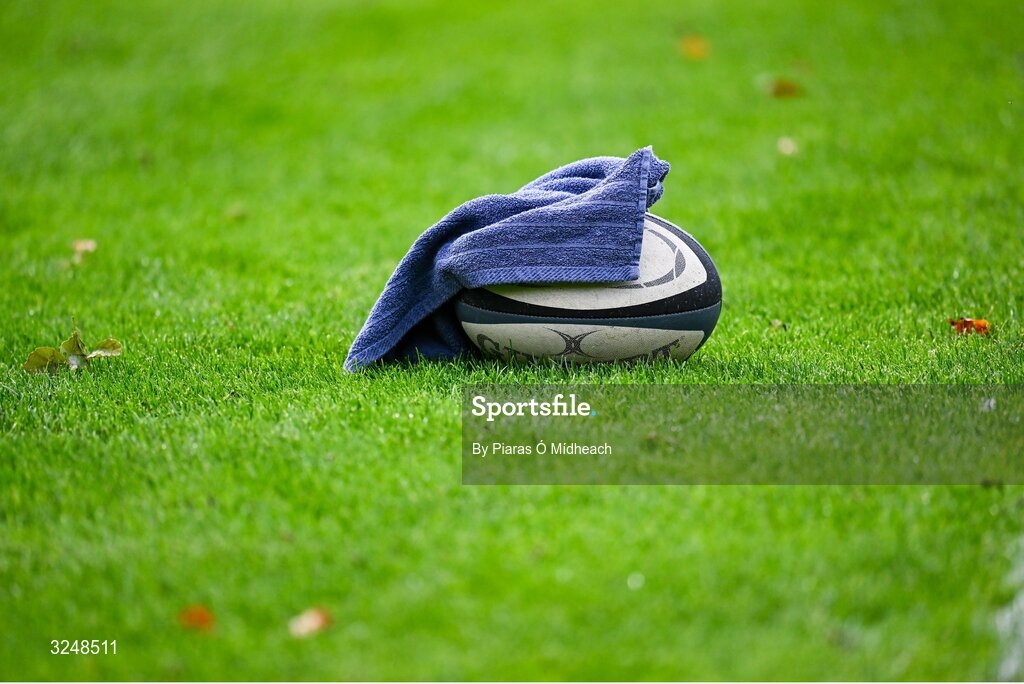 27 September 2025; A towel on a rugby ball in the warm-up before the Energia All-Ireland League Division 1A match between UCD and Terenure College RFC at UCD Bowl in Dublin. Photo by Piaras Ó Mídheach/Sportsfile