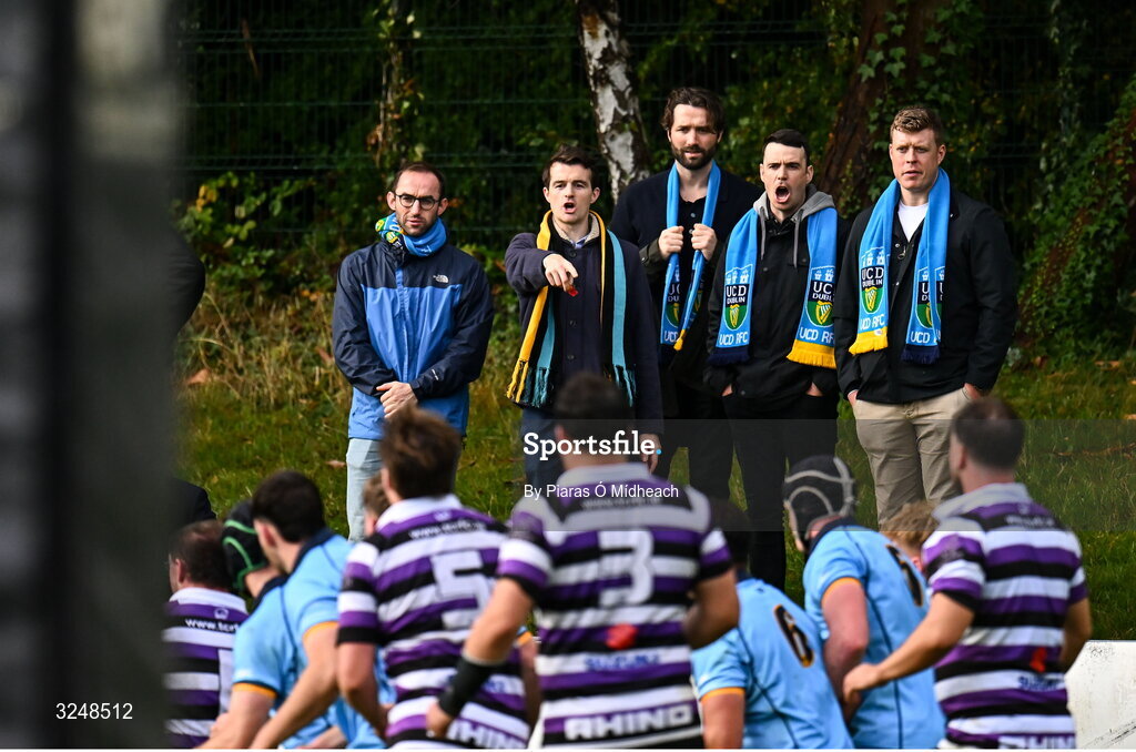 27 September 2025; UCD supporters during the Energia All-Ireland League Division 1A match between UCD and Terenure College RFC at UCD Bowl in Dublin. Photo by Piaras Ó Mídheach/Sportsfile