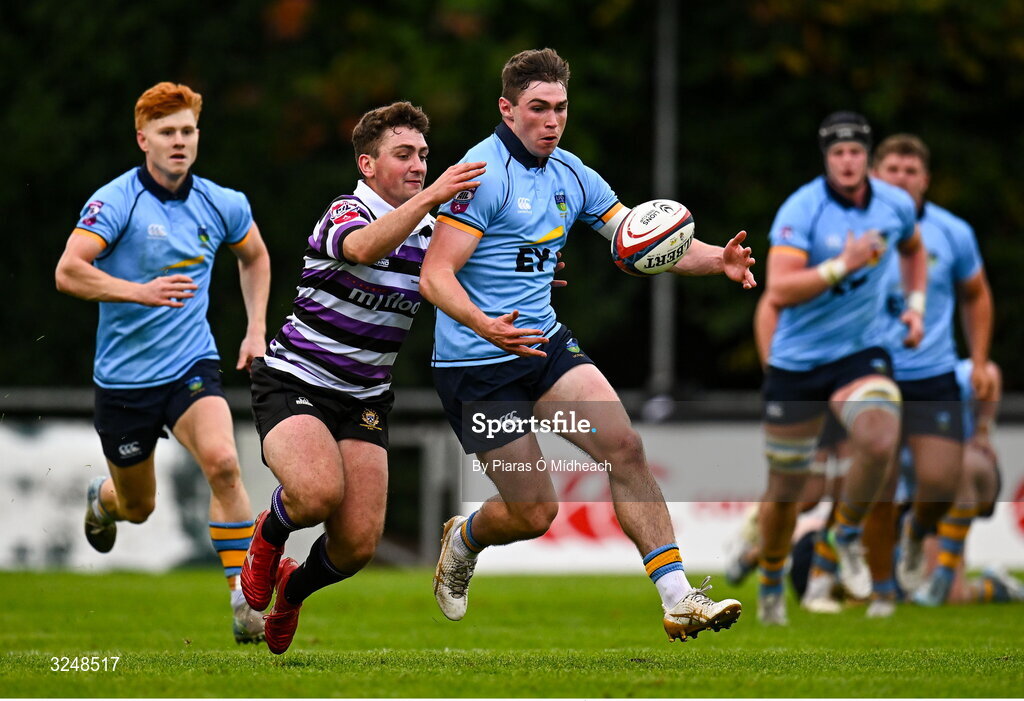 27 September 2025; Daniel Hurley of UCD is tackled by Will Reilly Terenure College RFC during the Energia All-Ireland League Division 1A match between UCD and Terenure College RFC at UCD Bowl in Dublin. Photo by Piaras Ó Mídheach/Sportsfile