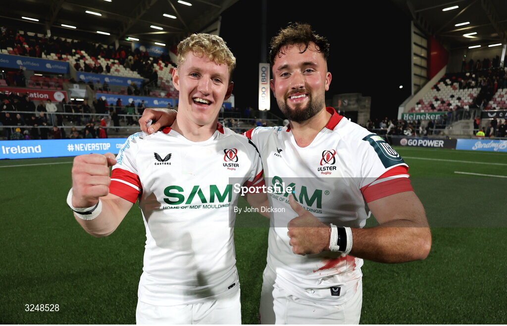 26 September 2025; Conor McKee, left, and Ben Carson of Ulster after the United Rugby Championship match between Ulster and Dragons at Affidea Stadium in Belfast. Photo by John Dickson/Sportsfile