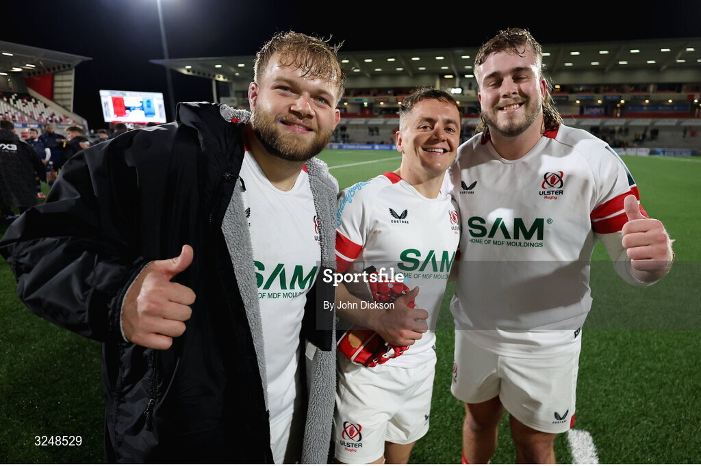 26 September 2025; Callum Reid, left, Michael Lowry, centre, and Scott Wilson of Ulster after the United Rugby Championship match between Ulster and Dragons at Affidea Stadium in Belfast. Photo by John Dickson/Sportsfile