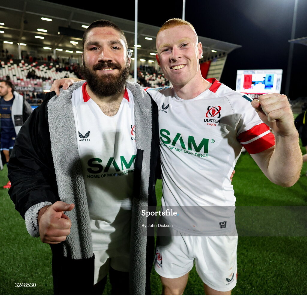 26 September 2025; Tom O’Toole, left, and Nathan Doak of Ulster after the United Rugby Championship match between Ulster and Dragons at Affidea Stadium in Belfast. Photo by John Dickson/Sportsfile