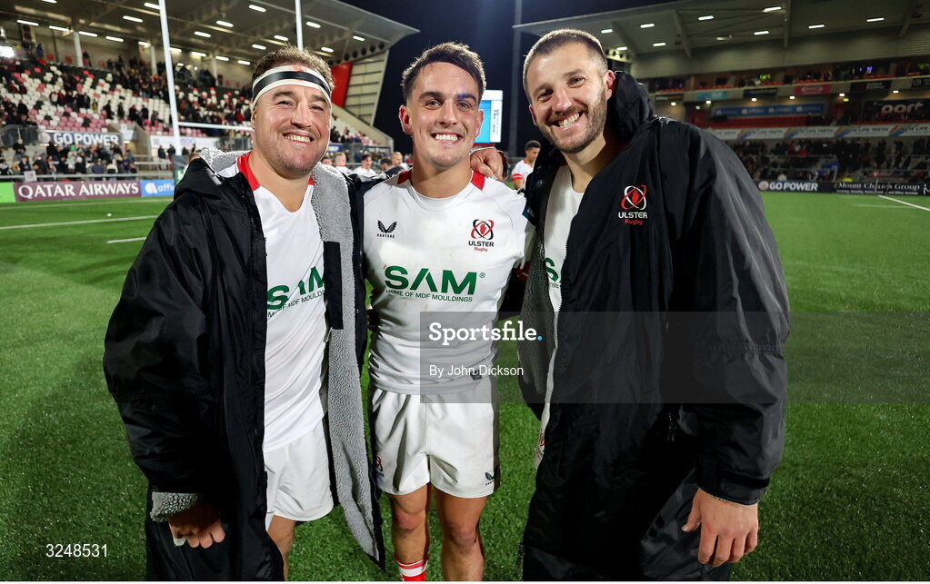 26 September 2025; Rob Herring, left, James Hume, centre, and Stuart McCloskey of Ulster after the United Rugby Championship match between Ulster and Dragons at Affidea Stadium in Belfast. Photo by John Dickson/Sportsfile