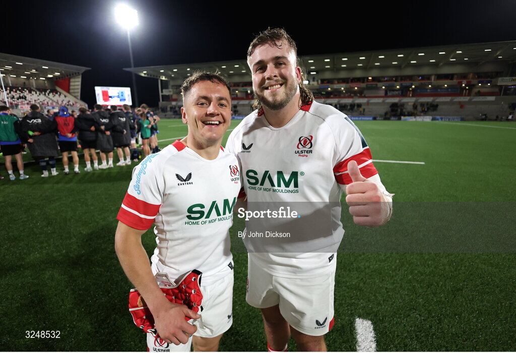 26 September 2025; Michael Lowry, left, and Scott Wilson of Ulster after the United Rugby Championship match between Ulster and Dragons at Affidea Stadium in Belfast. Photo by John Dickson/Sportsfile
