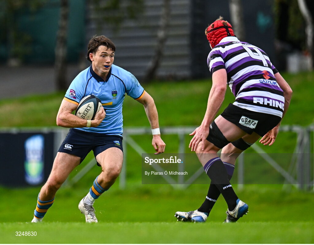 27 September 2025; Mark Canniffe of UCD in action against Sean Rigney of Terenure College RFC during the Energia All-Ireland League Division 1A match between UCD and Terenure College RFC at UCD Bowl in Dublin. Photo by Piaras Ó Mídheach/Sportsfile