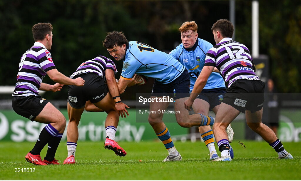 27 September 2025; Mark Canniffe of UCD is tackled by Julian Leszczynski of Terenure College RFC during the Energia All-Ireland League Division 1A match between UCD and Terenure College RFC at UCD Bowl in Dublin. Photo by Piaras Ó Mídheach/Sportsfile
