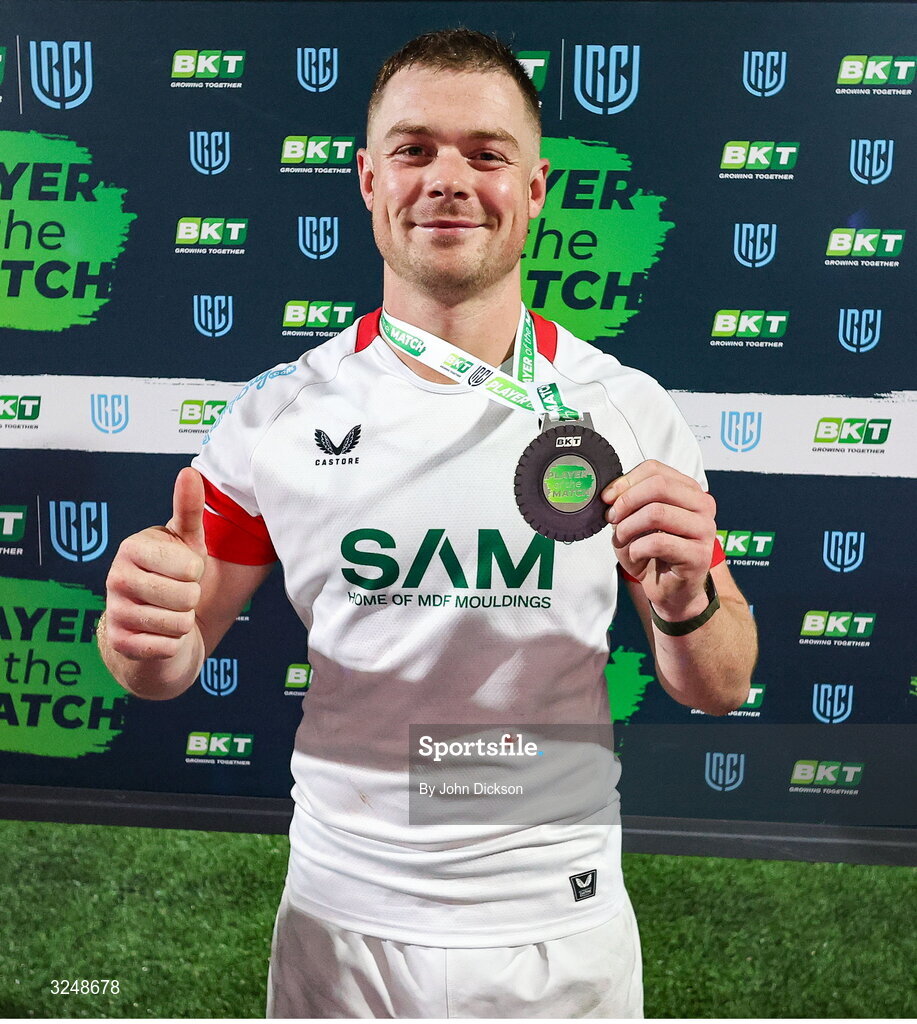 26 September 2025; Zac Ward of Ulster poses with his Player of the Match Award after the United Rugby Championship match between Ulster and Dragons at Affidea Stadium in Belfast. Photo by John Dickson/Sportsfile