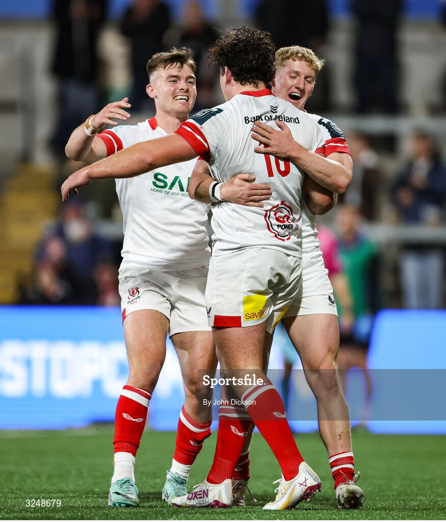 26 September 2025; Jake Flannery and Conor McKee of Ulster congratulate team-mate Tom Stewart during the United Rugby Championship match between Ulster and Dragons at Affidea Stadium in Belfast. Photo by John Dickson/Sportsfile