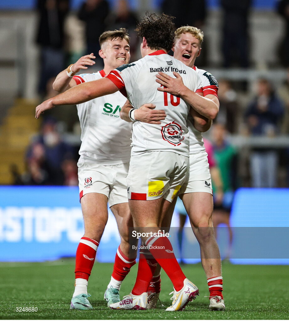 26 September 2025; Jake Flannery and Conor McKee of Ulster congratulate team-mate Tom Stewart during the United Rugby Championship match between Ulster and Dragons at Affidea Stadium in Belfast. Photo by John Dickson/Sportsfile