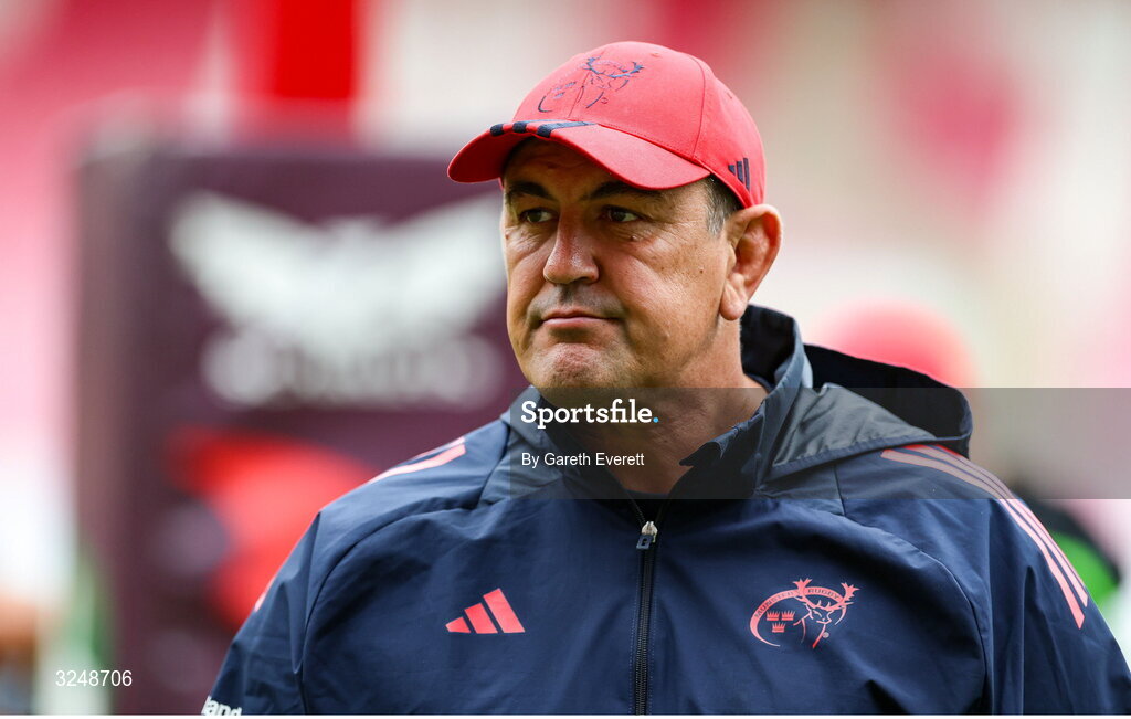 27 September 2025; Munster head coach Clayton McMillan ahead of the United Rugby Championship match between Scarlets and Munster at Parc Y Scarlets in Llanelli, Wales. Photo by Gareth Everett/Sportsfile