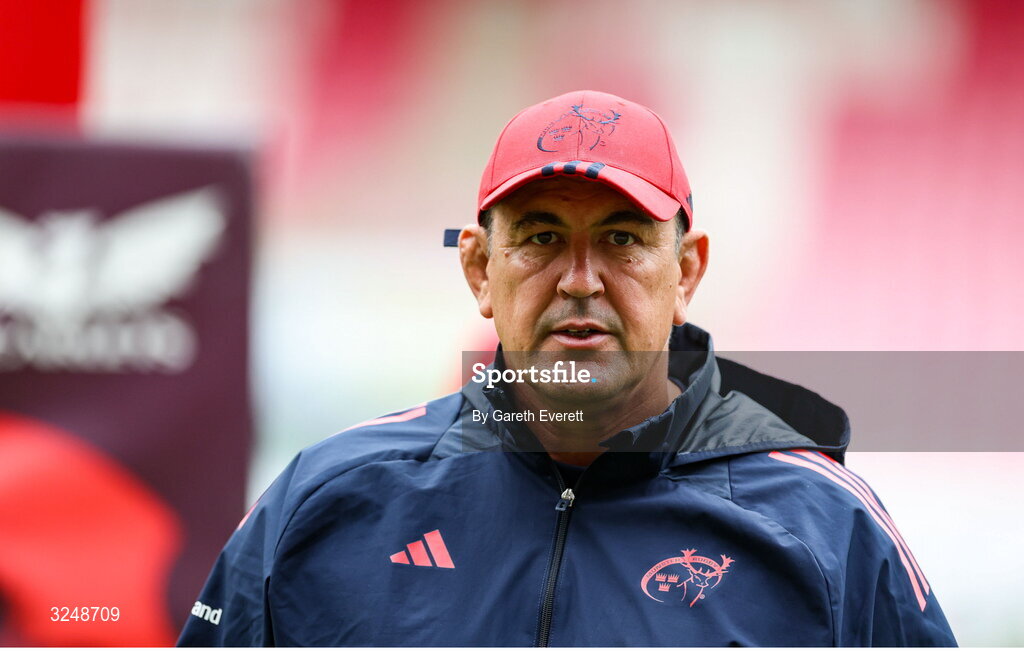27 September 2025; Munster head coach Clayton McMillan ahead of the United Rugby Championship match between Scarlets and Munster at Parc Y Scarlets in Llanelli, Wales. Photo by Gareth Everett/Sportsfile