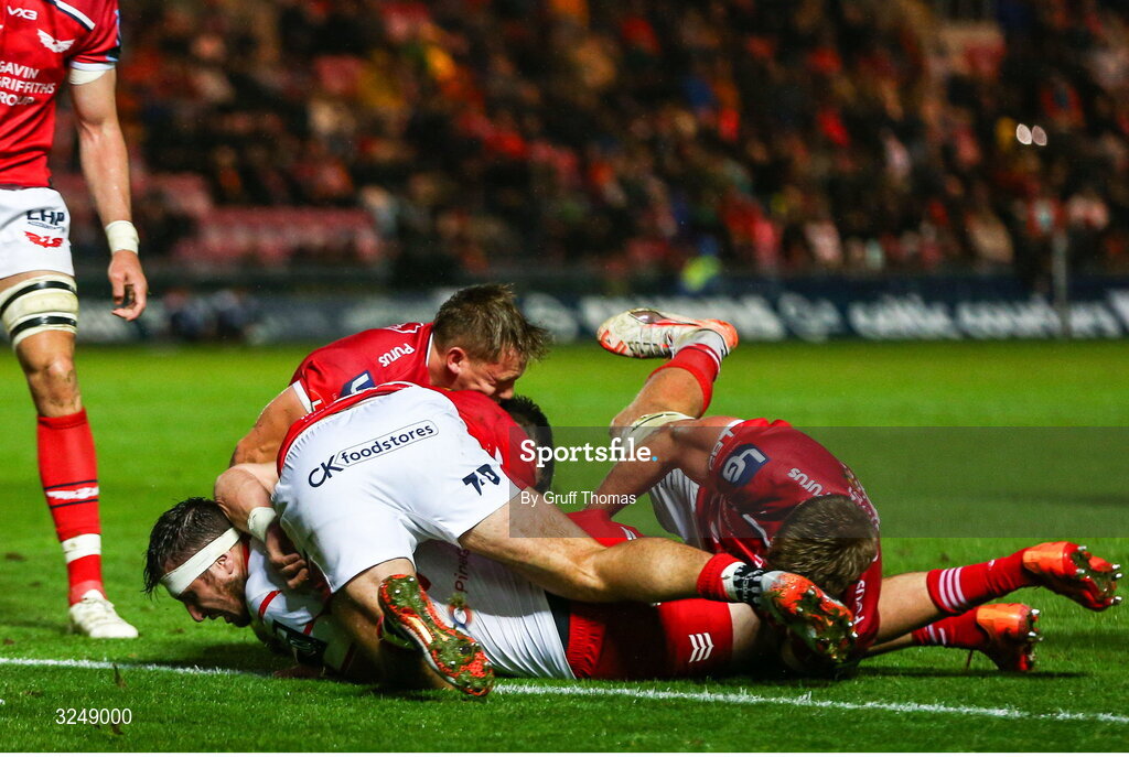 27 September 2025; Tom Ahern of Munster goes over for a try during the United Rugby Championship match between Scarlets and Munster at Parc Y Scarlets in Llanelli, Wales. Photo by Gruff Thomas/Sportsfile