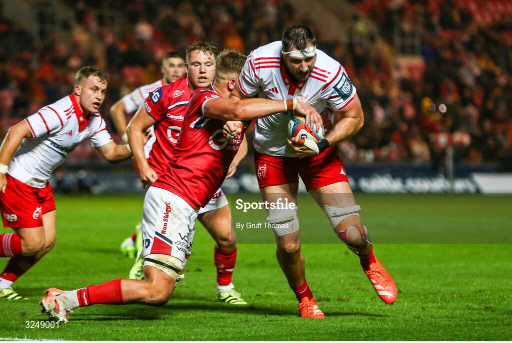 27 September 2025; Tom Ahern of Munster goes over for a try during the United Rugby Championship match between Scarlets and Munster at Parc Y Scarlets in Llanelli, Wales. Photo by Gruff Thomas/Sportsfile