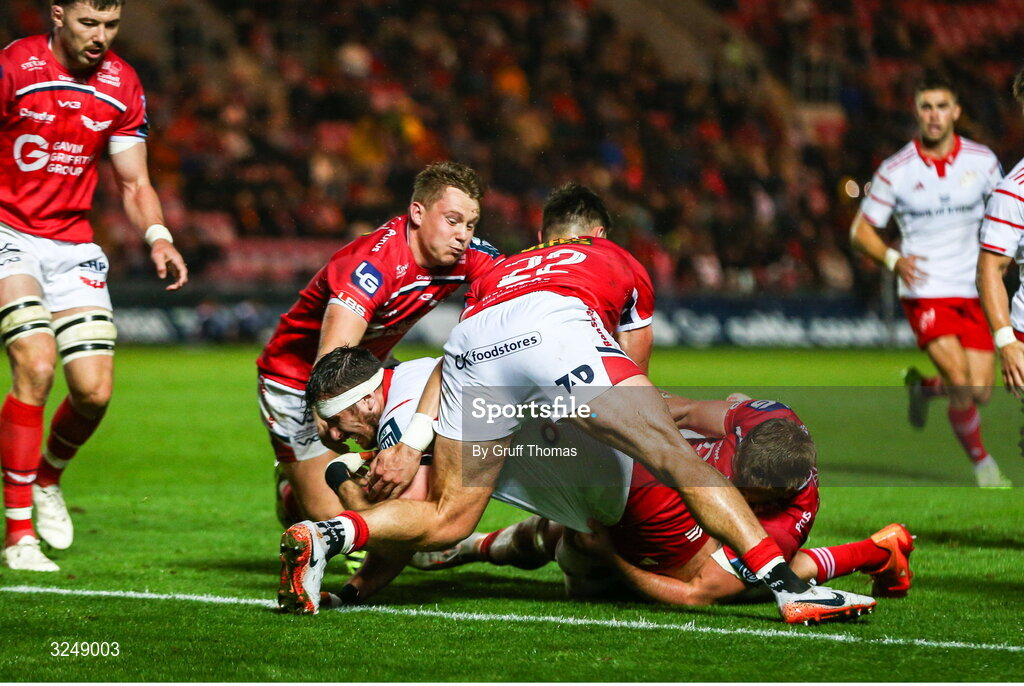 27 September 2025; Tom Ahern of Munster goes over for a try during the United Rugby Championship match between Scarlets and Munster at Parc Y Scarlets in Llanelli, Wales. Photo by Gruff Thomas/Sportsfile