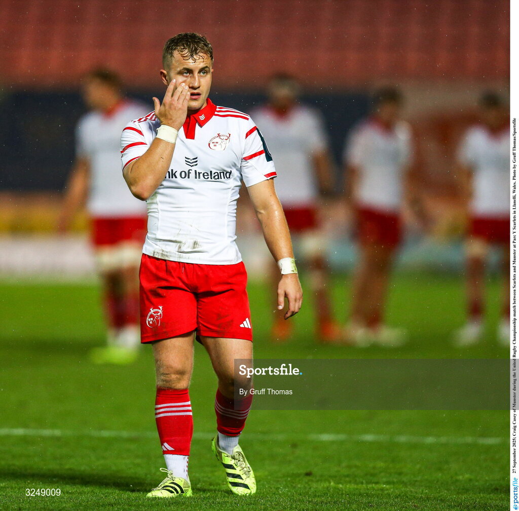27 September 2025; Craig Casey of Munster during the United Rugby Championship match between Scarlets and Munster at Parc Y Scarlets in Llanelli, Wales. Photo by Gruff Thomas/Sportsfile
