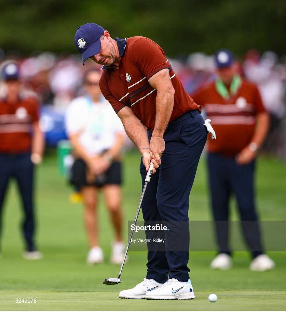 27 September 2025; Rory McIlroy of Europe putts on the 13th green during the afternoon fourballs on day two of the 2025 Ryder Cup at Black Course at Bethpage State Park Golf Course in Farmingdale, New York, USA. Photo by Vaughn Ridley/Sportsfile