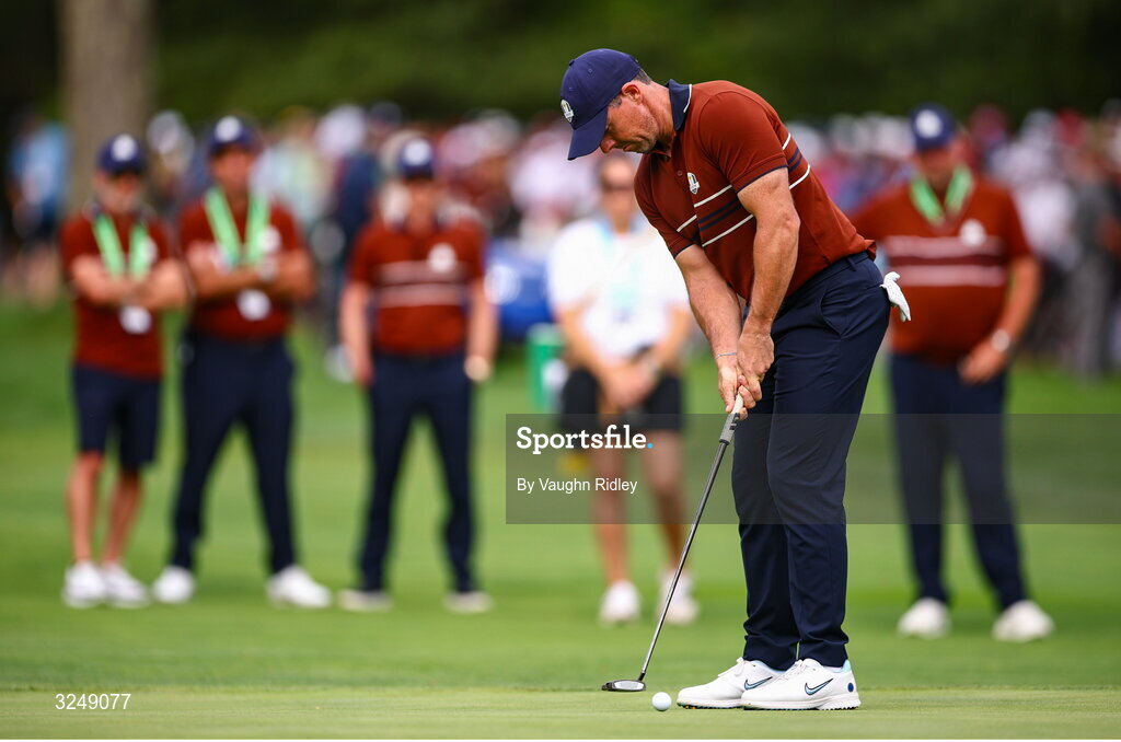 27 September 2025; Rory McIlroy of Europe putts on the 13th green during the afternoon fourballs on day two of the 2025 Ryder Cup at Black Course at Bethpage State Park Golf Course in Farmingdale, New York, USA. Photo by Vaughn Ridley/Sportsfile