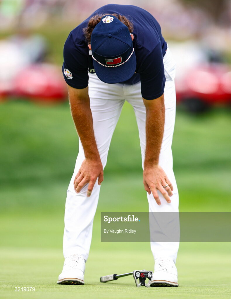 27 September 2025; Cameron Young of USA reacts to missing a putt on the 13th green during the afternoon fourballs on day two of the 2025 Ryder Cup at Black Course at Bethpage State Park Golf Course in Farmingdale, New York, USA. Photo by Vaughn Ridley/Sportsfile