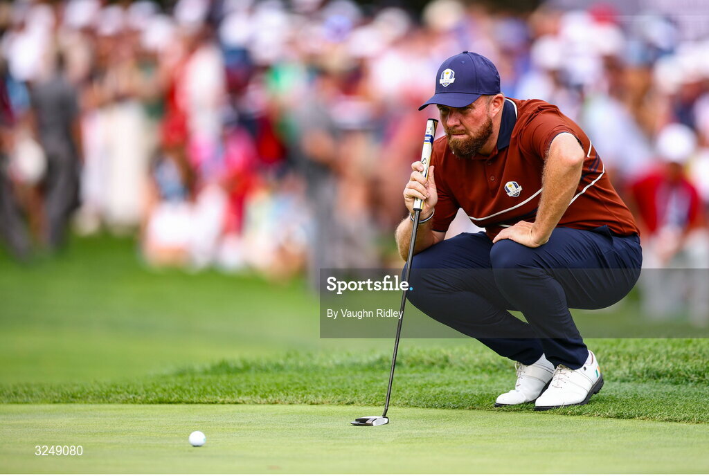 27 September 2025; Shane Lowry of Europe lines-up a putt on the 13th green during the afternoon fourballs on day two of the 2025 Ryder Cup at Black Course at Bethpage State Park Golf Course in Farmingdale, New York, USA. Photo by Vaughn Ridley/Sportsfile