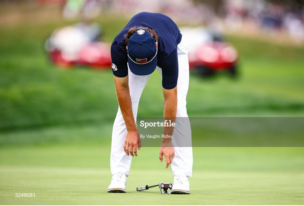 27 September 2025; Cameron Young of USA reacts to missing a putt on the 13th green during the afternoon fourballs on day two of the 2025 Ryder Cup at Black Course at Bethpage State Park Golf Course in Farmingdale, New York, USA. Photo by Vaughn Ridley/Sportsfile