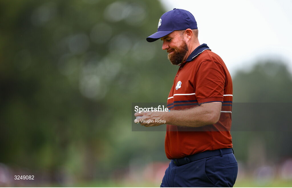 27 September 2025; Shane Lowry of Europe after putting on the 13th green during the afternoon fourballs on day two of the 2025 Ryder Cup at Black Course at Bethpage State Park Golf Course in Farmingdale, New York, USA. Photo by Vaughn Ridley/Sportsfile