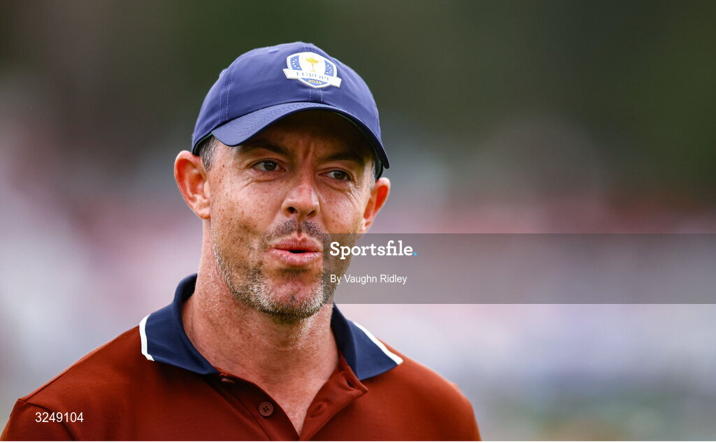 27 September 2025; Rory McIlroy of Europe leaves the 17th green during the afternoon fourballs on day two of the 2025 Ryder Cup at Black Course at Bethpage State Park Golf Course in Farmingdale, New York, USA. Photo by Vaughn Ridley/Sportsfile
