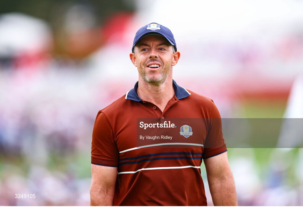 27 September 2025; Rory McIlroy of Europe leaves the 17th green during the afternoon fourballs on day two of the 2025 Ryder Cup at Black Course at Bethpage State Park Golf Course in Farmingdale, New York, USA. Photo by Vaughn Ridley/Sportsfile