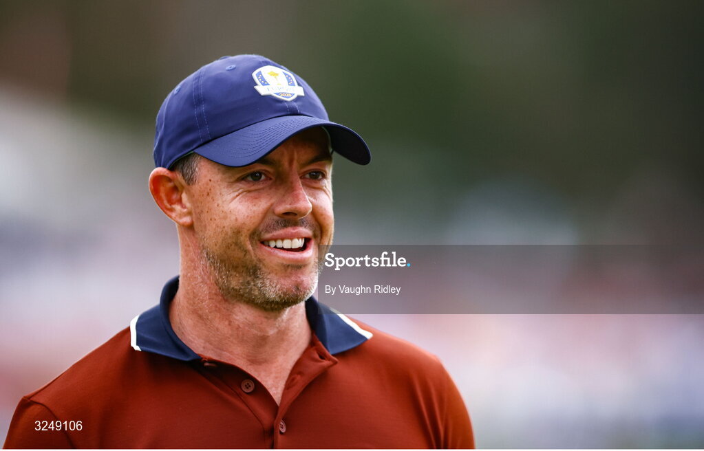 27 September 2025; Rory McIlroy of Europe leaves the 17th green during the afternoon fourballs on day two of the 2025 Ryder Cup at Black Course at Bethpage State Park Golf Course in Farmingdale, New York, USA. Photo by Vaughn Ridley/Sportsfile