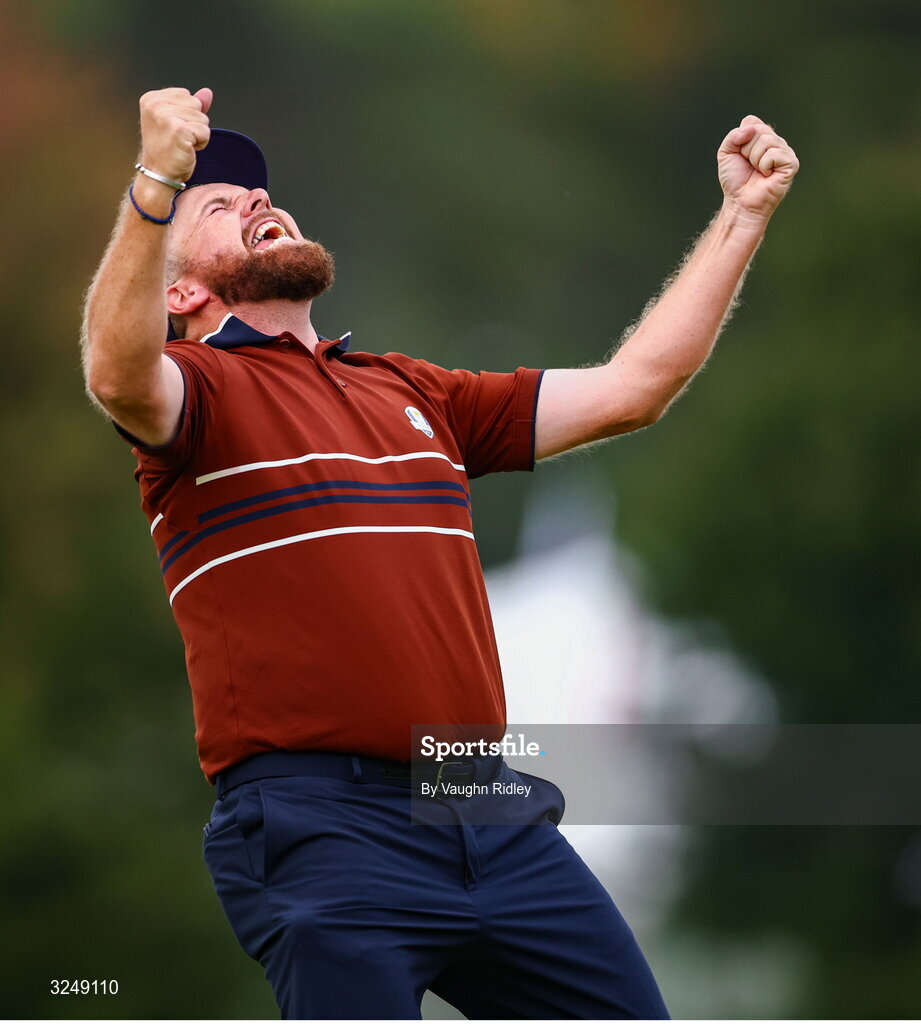 27 September 2025; Shane Lowry of Europe celebrates on the 18th green during the afternoon fourballs on day two of the 2025 Ryder Cup at Black Course at Bethpage State Park Golf Course in Farmingdale, New York, USA. Photo by Vaughn Ridley/Sportsfile