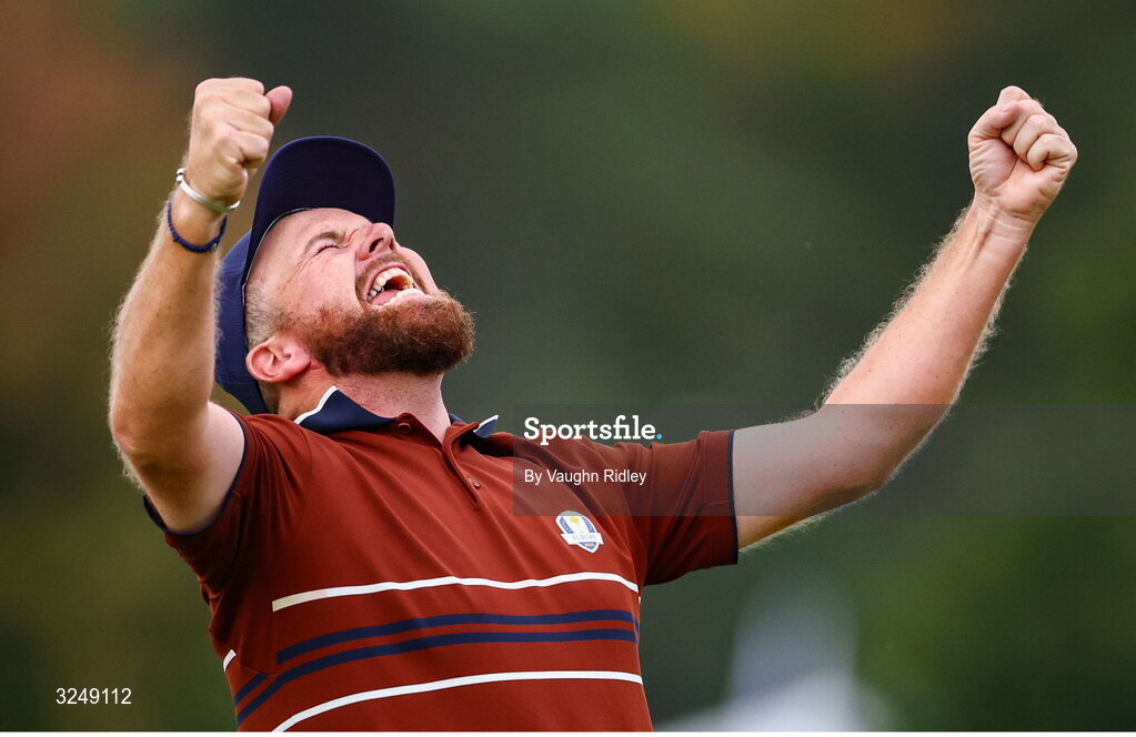 27 September 2025; Shane Lowry of Europe celebrates on the 18th green during the afternoon fourballs on day two of the 2025 Ryder Cup at Black Course at Bethpage State Park Golf Course in Farmingdale, New York, USA. Photo by Vaughn Ridley/Sportsfile