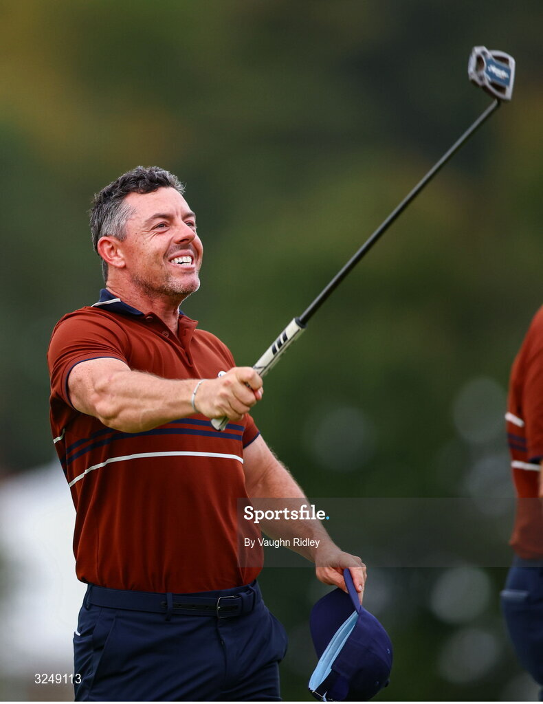 27 September 2025; Rory McIlroy of Europe celebrates on the 18th green during the afternoon fourballs on day two of the 2025 Ryder Cup at Black Course at Bethpage State Park Golf Course in Farmingdale, New York, USA. Photo by Vaughn Ridley/Sportsfile