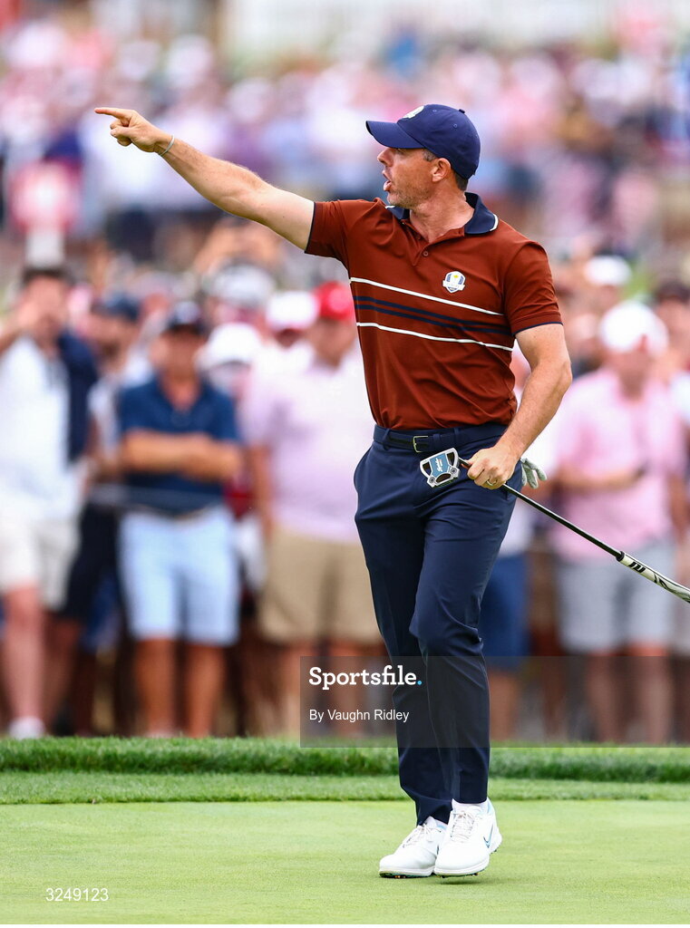 27 September 2025; Rory McIlroy of Europe celebrates after putting on the 17th green during the afternoon fourballs on day two of the 2025 Ryder Cup at Black Course at Bethpage State Park Golf Course in Farmingdale, New York, USA. Photo by Vaughn Ridley/Sportsfile