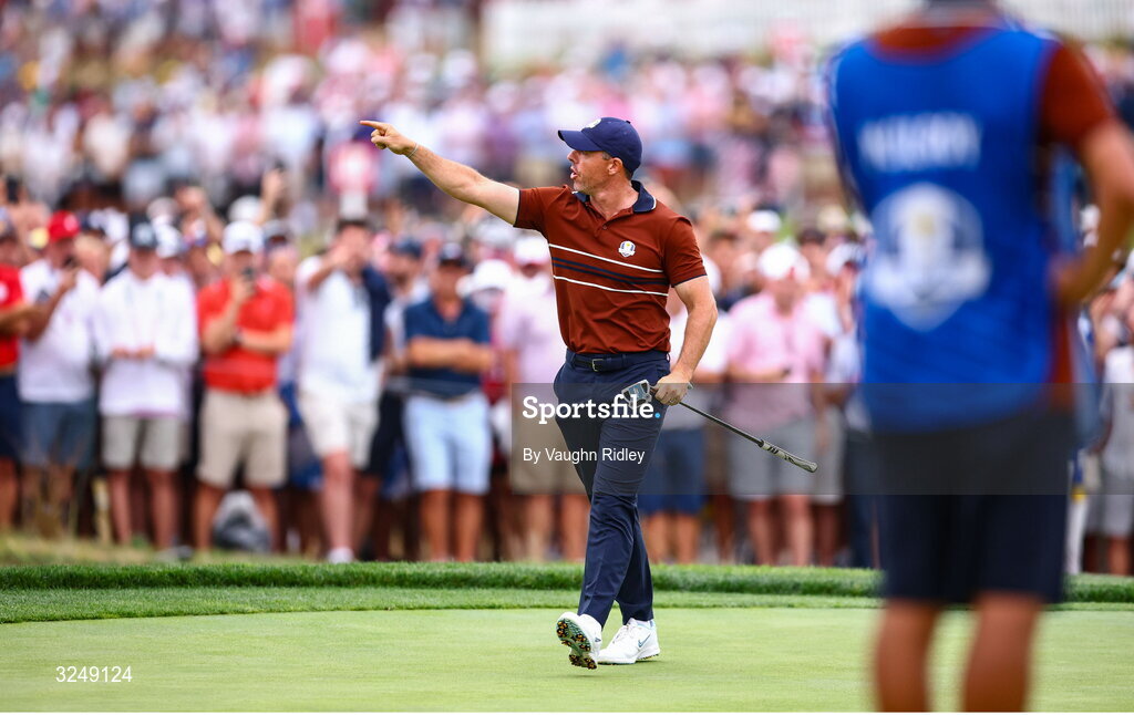 27 September 2025; Rory McIlroy of Europe celebrates after putting on the 17th green during the afternoon fourballs on day two of the 2025 Ryder Cup at Black Course at Bethpage State Park Golf Course in Farmingdale, New York, USA. Photo by Vaughn Ridley/Sportsfile