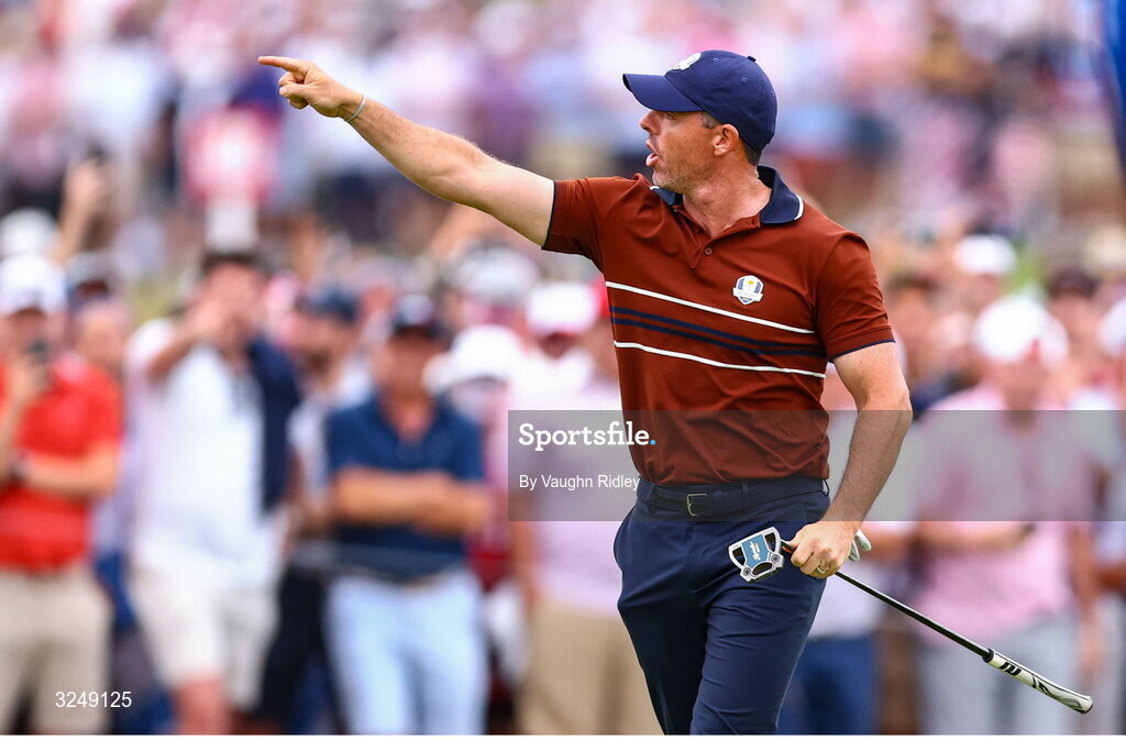 27 September 2025; Rory McIlroy of Europe celebrates after putting on the 17th green during the afternoon fourballs on day two of the 2025 Ryder Cup at Black Course at Bethpage State Park Golf Course in Farmingdale, New York, USA. Photo by Vaughn Ridley/Sportsfile