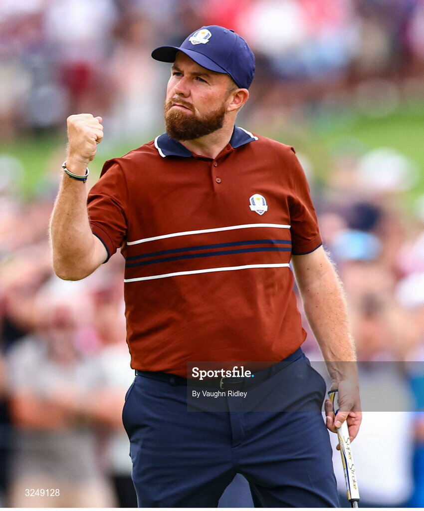 27 September 2025; Shane Lowry of Europe celebrates on the 17th green during the afternoon fourballs on day two of the 2025 Ryder Cup at Black Course at Bethpage State Park Golf Course in Farmingdale, New York, USA. Photo by Vaughn Ridley/Sportsfile