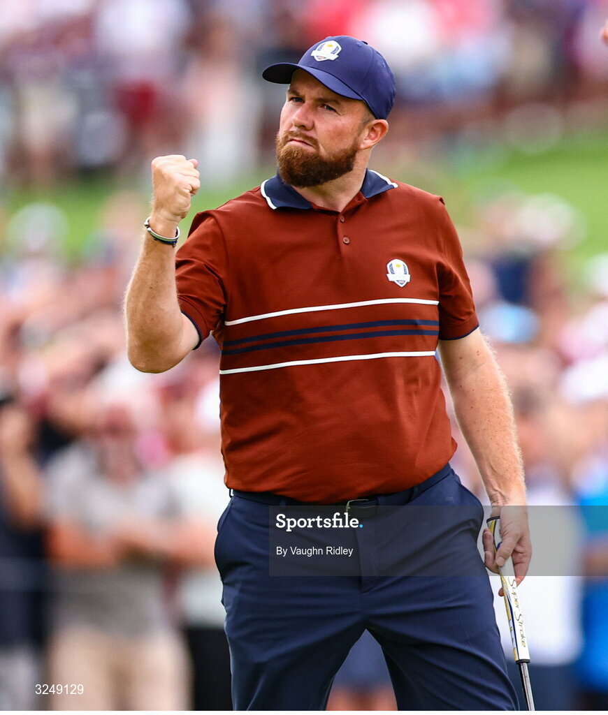 27 September 2025; Shane Lowry of Europe celebrates on the 17th green during the afternoon fourballs on day two of the 2025 Ryder Cup at Black Course at Bethpage State Park Golf Course in Farmingdale, New York, USA. Photo by Vaughn Ridley/Sportsfile