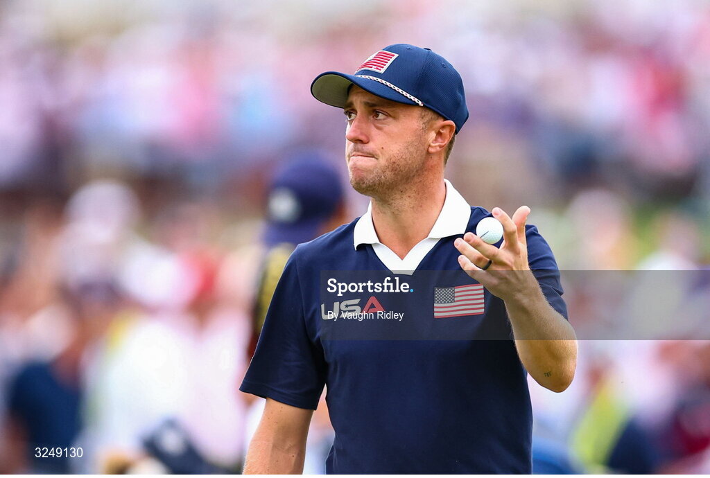27 September 2025; Justin Thomas of USA celebrates after putting on the 17th green during the afternoon fourballs on day two of the 2025 Ryder Cup at Black Course at Bethpage State Park Golf Course in Farmingdale, New York, USA. Photo by Vaughn Ridley/Sportsfile