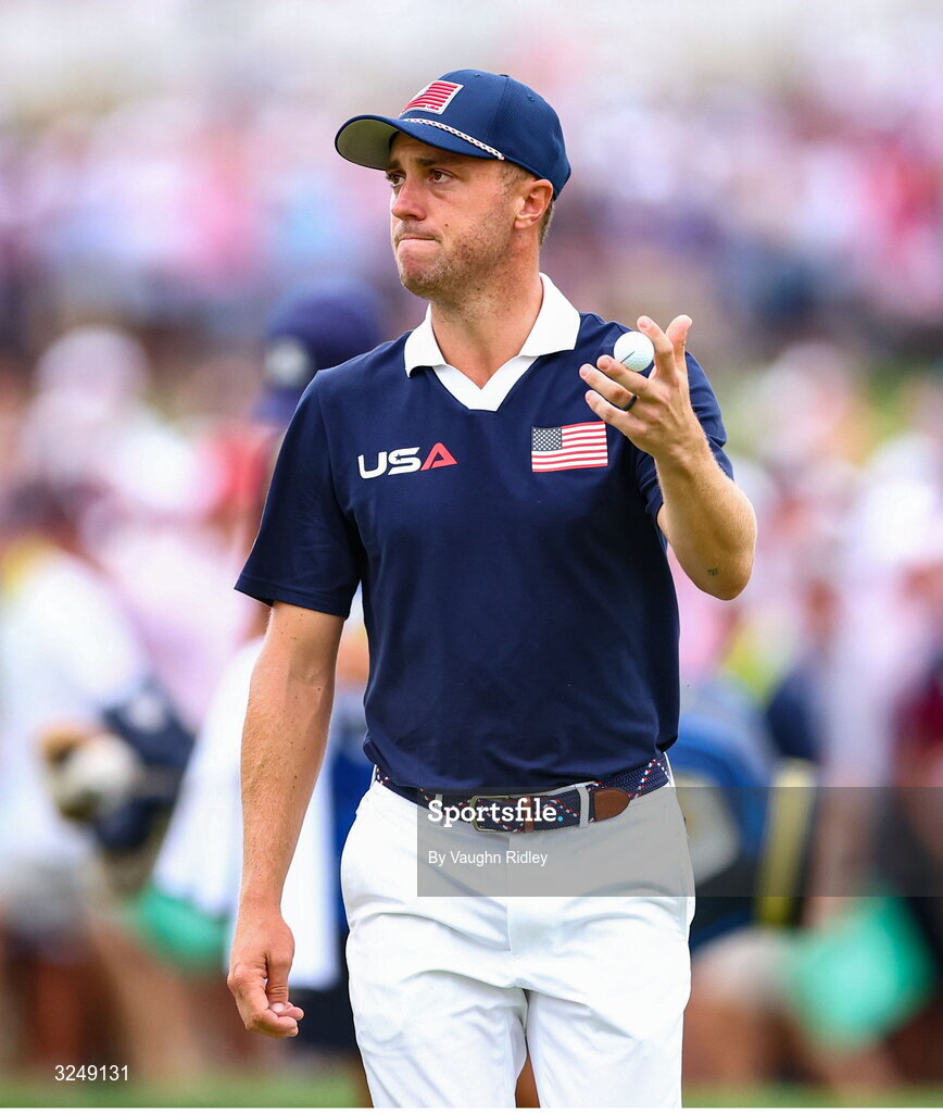 27 September 2025; Justin Thomas of USA celebrates after putting on the 17th green during the afternoon fourballs on day two of the 2025 Ryder Cup at Black Course at Bethpage State Park Golf Course in Farmingdale, New York, USA. Photo by Vaughn Ridley/Sportsfile